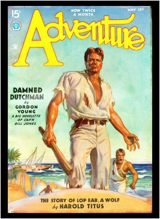 adventure magazine cover with manly men