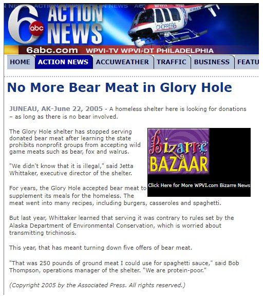 news story about bear meat at the glory hole soup kitchen in Juneau Alaska