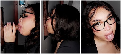 three views of a gloryhole sex worker gobbling an anonymous cock