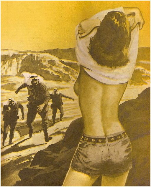 woman pulling off her shirt while three men wearing desert gear run rapidly toward her