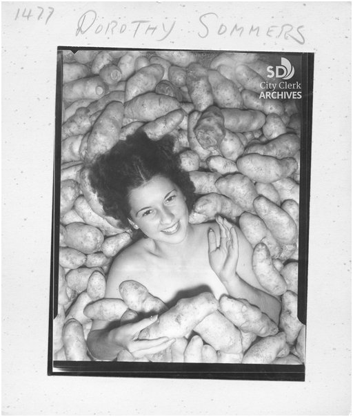 Dorothy Sommers in potatoes on Idaho Day at the 1945 California Pacific Exhibition