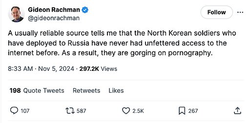 social media screenshot claiming that North Korean soldiers are gorging themselves on pornography