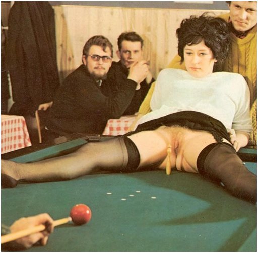 pool table trick with a ball and a woman's spread pussy and a clothespin and some coins