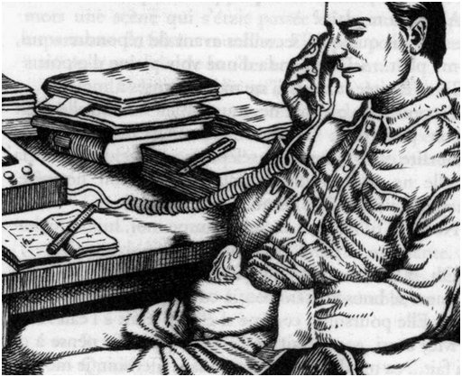 a man behind his book-covered office desk with his corded office phone to his ear and his other hand wrapped around his dick