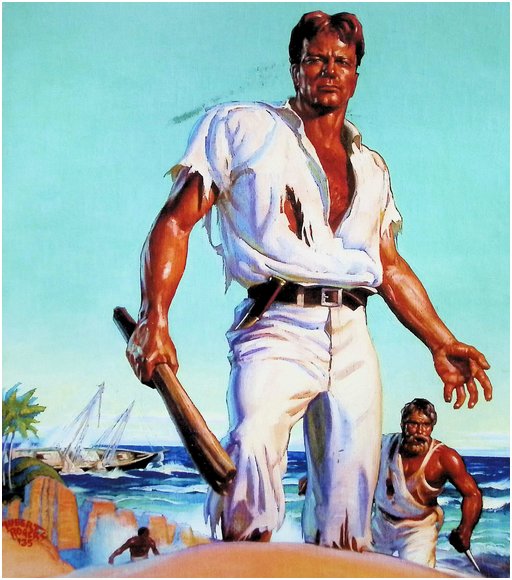 two very bronze and muscular men with tattered clothing and makeshift weapons are advancing with determination up a tropical beach
