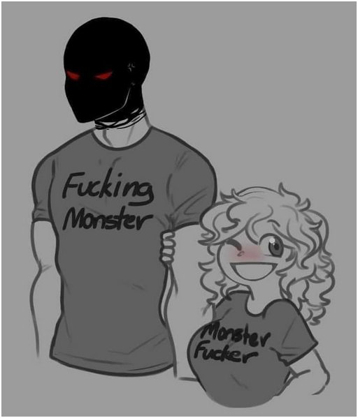 hooded figure with red eyes wears a shirt that says fucking monster while a short grinning girl stands next to him and holds his arm while wearing a shirt that says monster fucker