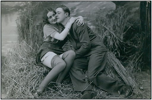 vintage scene of seduction by a small pond