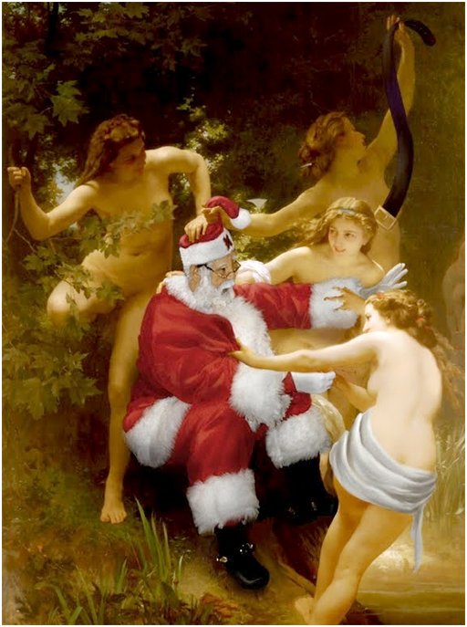 santa claus seduced and stripped by nymphs - with apologies to William-Adolphe Bouguereau and his nymphs and satyr