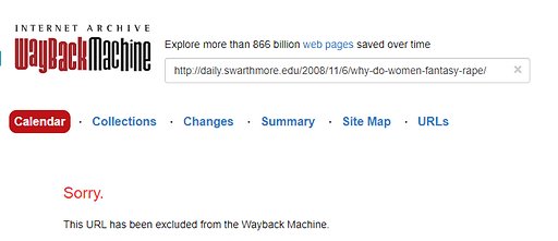screenshot of exclusion message at the Wayback Machine