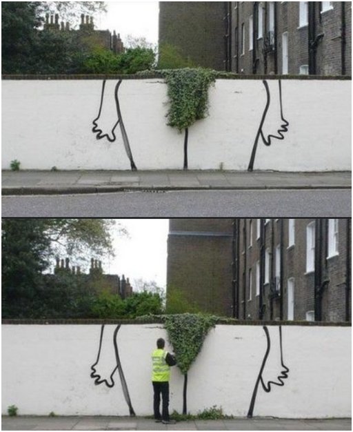 graffiti and a bushy set of trailing vines look like pubic hair until a landscaper in a hi-vis vest trims it neatly and makes it look like well-groomed pubic hair topiary