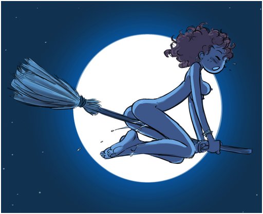 naked witch flying through the night sky, leaking pussy lubrication as she goes